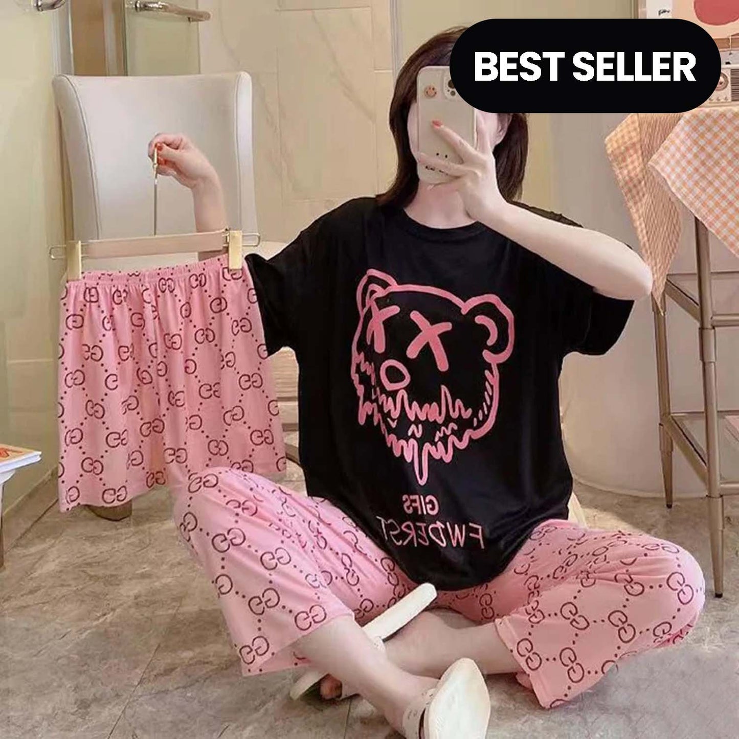 3-Piece Black Teddy Bear Print Nightwear
