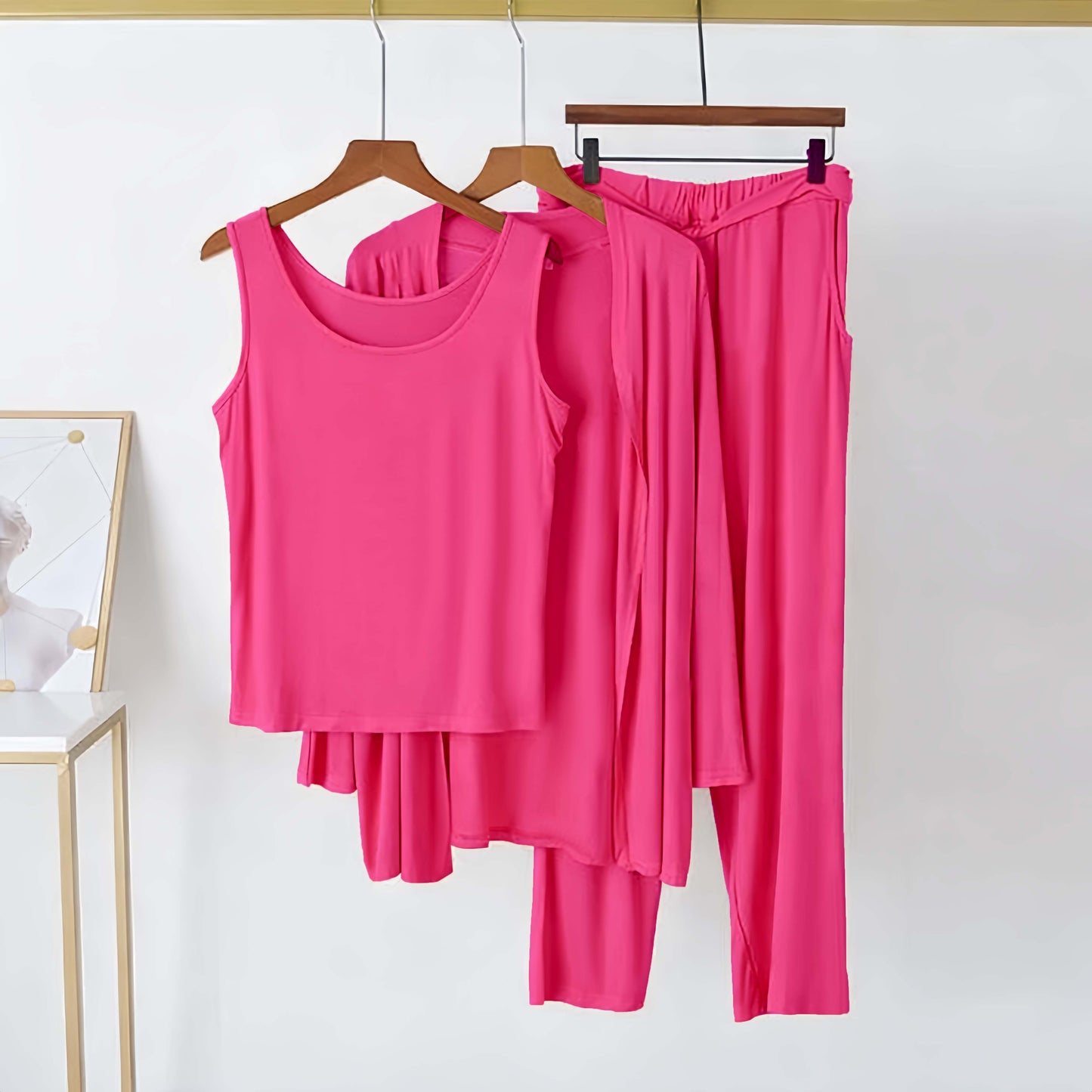 3-Piece Hot Pink Plain Nightwear Set