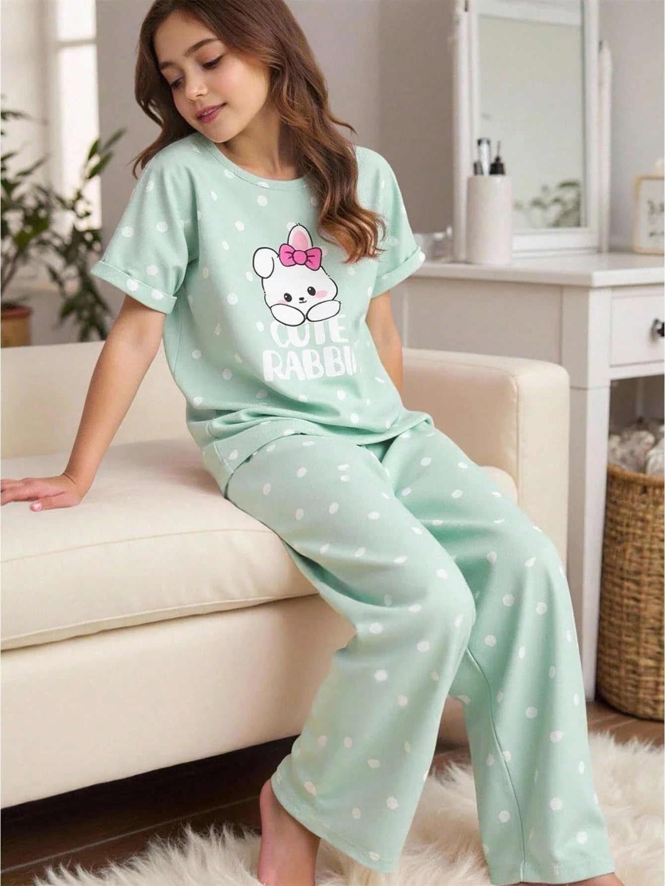 Cute Rabbit Printed Half Sleeve Night Suit (7-14 Years)