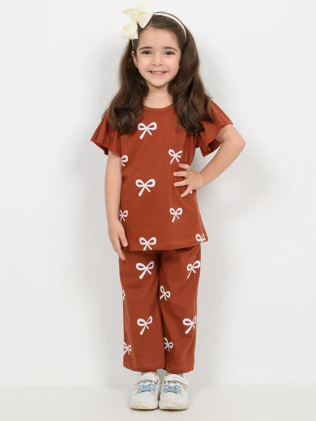 Brown Ribbon Half Sleeve Kids Suit