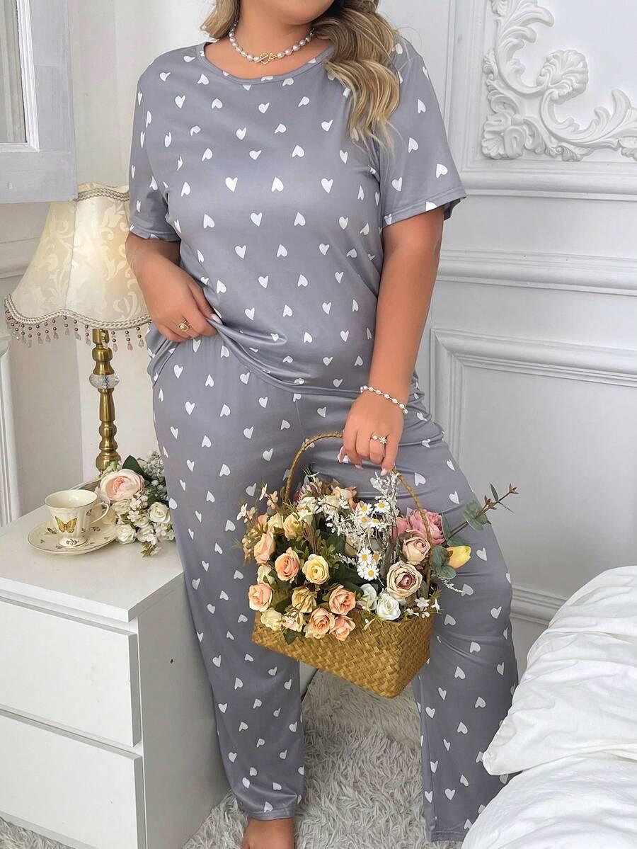 Grey With White Heart Printed Night Suit