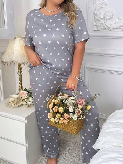 Grey With White Heart Printed Night Suit