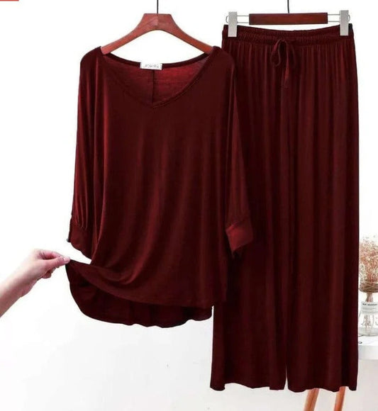 Maroon Plain Palazzo Night Suit