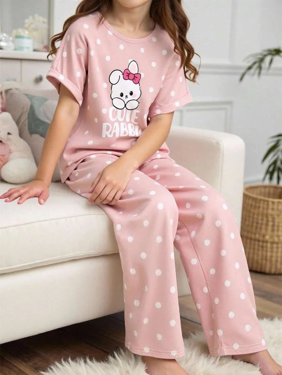 Pink Cute Rabbit Printed Half Sleeve Night Suit (7-14 Years)