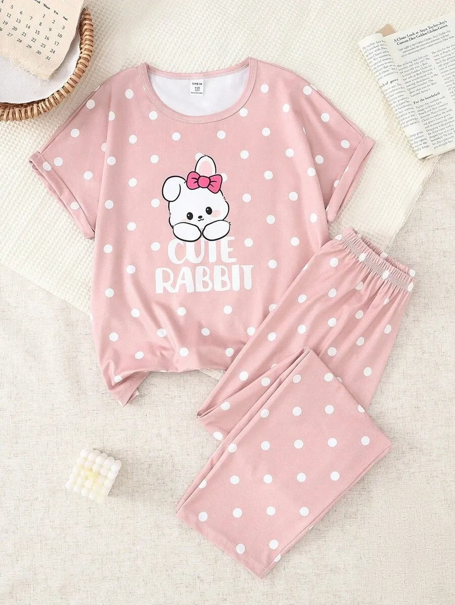 Pink Cute Rabbit Printed Half Sleeve Night Suit (7-14 Years)