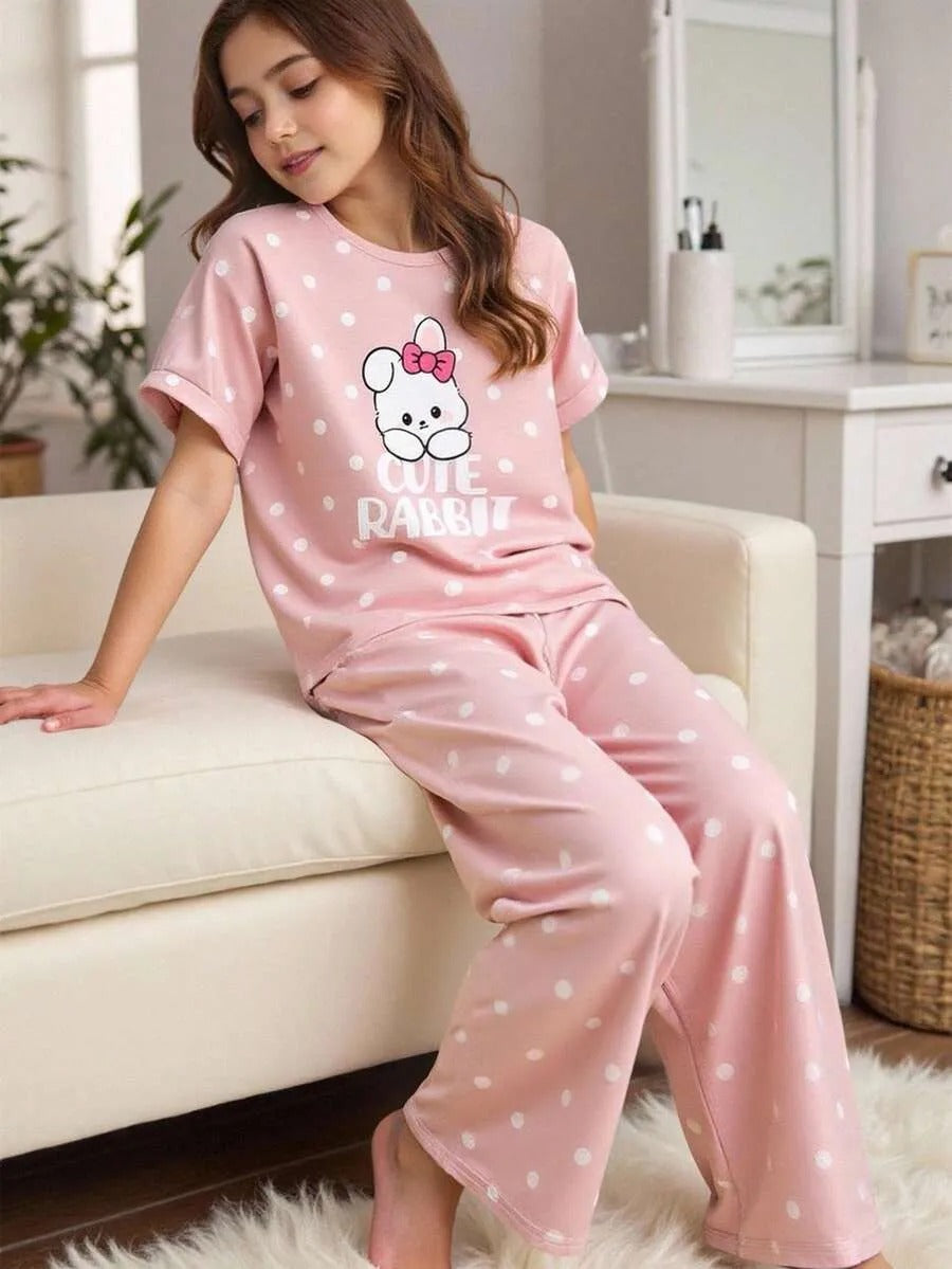 Pink Cute Rabbit Printed Half Sleeve Night Suit (7-14 Years)